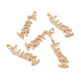 Brass Micro Pave Clear Cubic Zirconia Pendants, Long-Lasting Plated, Lead Free & Cadmium Free & Nickel Free, Lucky Word Shape