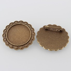 Старинные цветка сплава настройки брошь кабошон ободок, без кадмия и без свинца, с железными штифтами, плоские круглые лоток: 25 мм, 35.5x2 мм, контактный: 0.8 мм