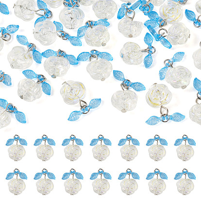 30 шт. прозрачные стеклянные подвески в виде цветов с акриловыми листьями глубокого небесно-голубого цвета, с железной фурнитурой, платина