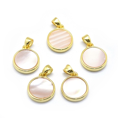 Shell Pendants, with Golden Tone Brass Findings, Flat Round