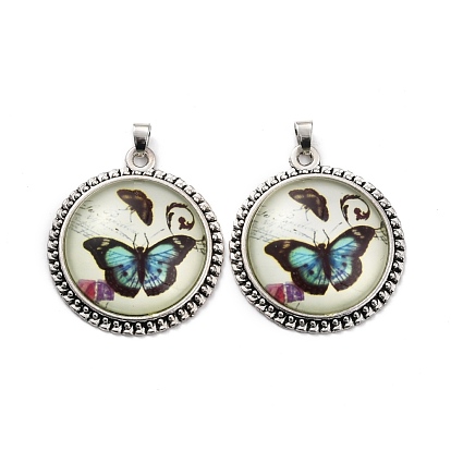 Tibetan Style Alloy Pendants, with Resin, Flat Round with Butterfly