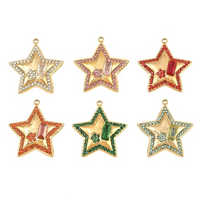 304 Stainless Steel Rhinestone Pendants, Star with Rectangle Charms, Ion Plating(IP), Real 18K Gold Plated
