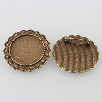 Старинные цветка сплава настройки брошь кабошон ободок, без кадмия и без свинца, с железными штифтами, плоские круглые лоток: 25 мм, 35.5x2 мм, контактный: 0.8 мм