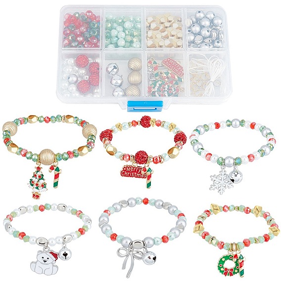 Bausatz zum Selbermachen von Weihnachtsarmbändern, einschließlich Rondelle, Oval und Erdbeer-CCB-Kunststoff- und Polymer-Ton-Strass- und Glasperlen, Anhänger aus Wort-, Baum- und Zuckerstangenlegierung