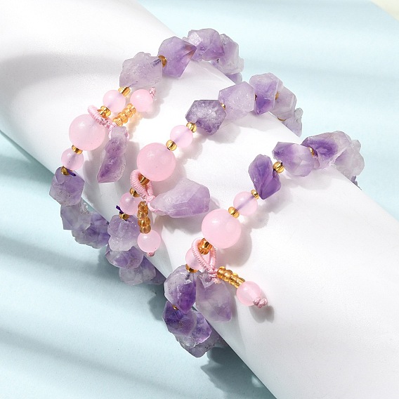 Bracelets extensibles pour femmes, ornés de perles et de pépites d'améthyste brutes naturelles., avec des perles en plastique rose