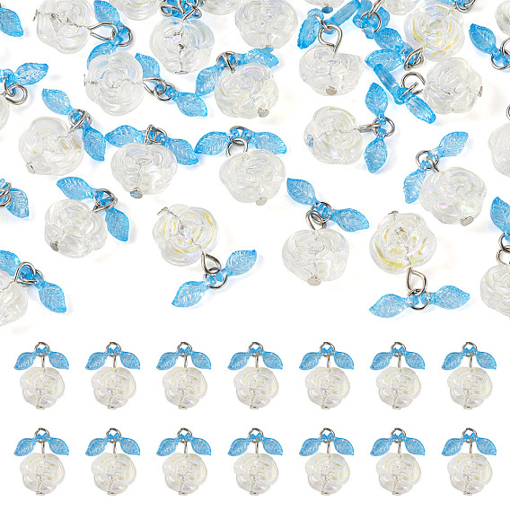 30 шт. прозрачные стеклянные подвески в виде цветов с акриловыми листьями глубокого небесно-голубого цвета, с железной фурнитурой, платина