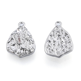 Brass Micro Pave Rosy Brown Cubic Zirconia Charms, Cadmium Free & Nickel Free & Lead Free, Textured, Teardrop with Butterfly
