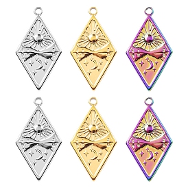 304 Stainless Steel Pendants, Rhombus with Sun & Moon & Star Charm