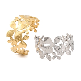 304 Stainless Steel Cuff Bangles for Women, Flower/Leaves