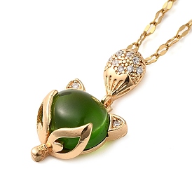 Brass Pave Clear Cubic Zirconia & Green Glass Fox Pendant Necklaces, 304 Stainless Steel Coffee Bean Chain Necklaces