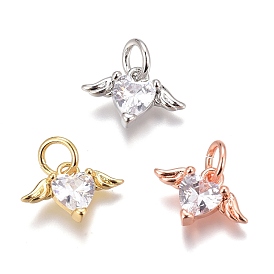 Brass Micro Pave Clear Cubic Zirconia Charms, Long-Lasting Plated, with Jump Rings, Heart with Wing