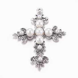 Latin Cross Antique Silver Plated Alloy Big Gothic Pendants, with Acrylic Pearl Cabochons, 75x53x11mm, Hole: 3mm