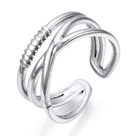 304 Stainless Steel Criss Cross Open Cuff Ring, Hollow Chunky Ring for Women