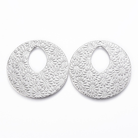 304 Stainless Steel Pendants, Textured, Flat Round with Flower Pattern with Flower