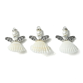 Alloy Spiral Shell Pendants, Angel Charms with Round Shell Pearl Beads