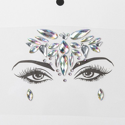 Gemas de acrílico de la cara pegatinas, tatuaje temporal autoadhesivo, con diamantes de imitación en forma de lágrima, media caña y ojo de caballo