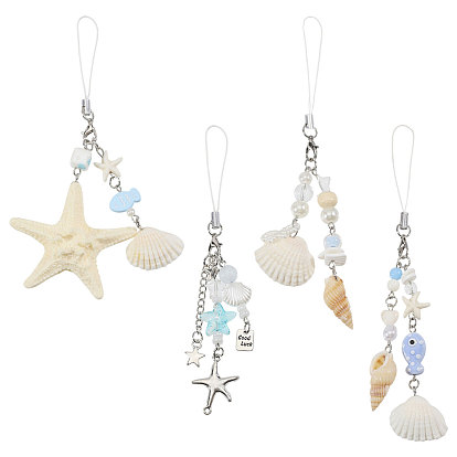4 pièces 4 couleurs thème océan, breloques et dragonnes pour téléphone en fer et résine, étoiles de mer, platine