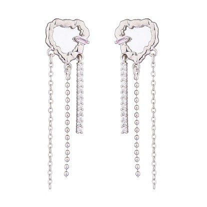 Crystal Rhinestone Heart with Tassel Dangle Stud Earrings, Brass Drop Earrings for Women