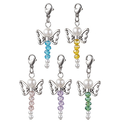 Glass & Round Shell Pearl Bead Angel Pendant Decorations, Tibetan Style Butterfly Alloy Beads and 304 Stainless Steel Findings