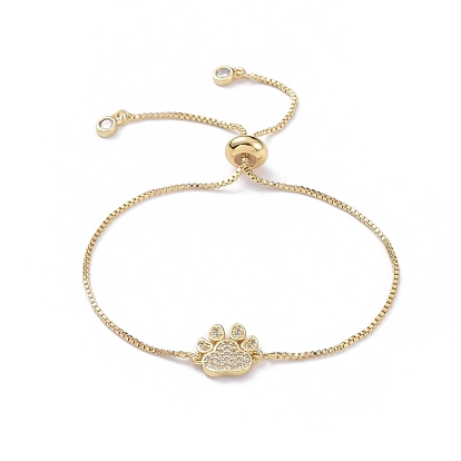 Adjustable Brass Micro Pave Cubic Zirconia Slider Bracelets, Bolo Bracelets, with Cardboard Box, Dog Paw Print