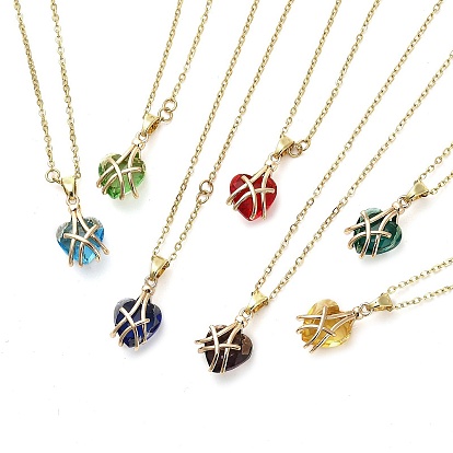 Heart Glass Pendant Necklaces, with Light Gold Brass Cable Chains