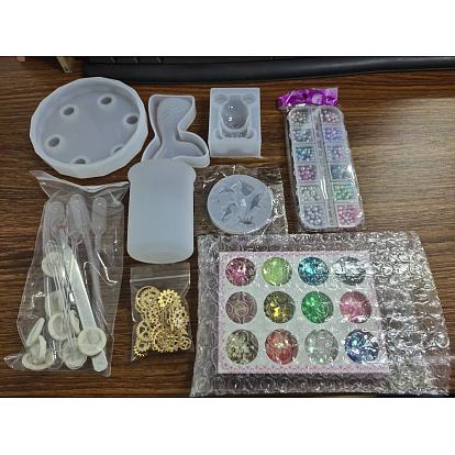 Olycraft DIY Kit, with 304 Stainless Steel Tweezers, Latex Finger Cots, Plastic Stirring Rod & Pipettes, Silicone Molds, ABS Plastic Imitation Pearl Cabochons, Sequins