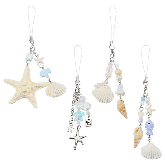 4Pcs 4 Colors Ocean Theme Iron & Resin Decoration Phone Charms Straps, Starfish, Platinum