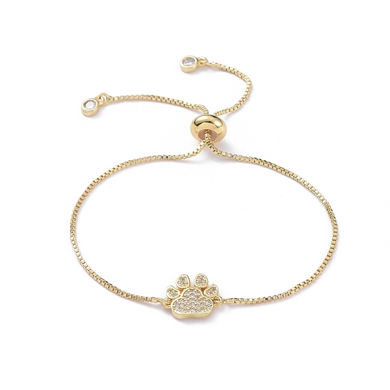 Adjustable Brass Micro Pave Cubic Zirconia Slider Bracelets, Bolo Bracelets, with Cardboard Box, Dog Paw Print