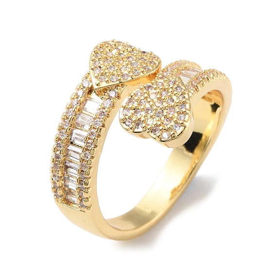 Clear Cubic Zirconia Double Heart Open Cuff Rings, Brass Jewelry for Women, Cadmium Free & Lead Free