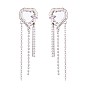 Crystal Rhinestone Heart with Tassel Dangle Stud Earrings, Brass Drop Earrings for Women