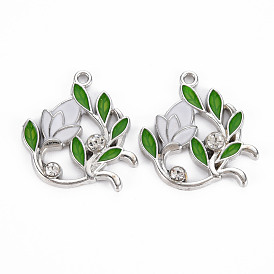 Aluminium Anhänger & Charms, mit Emaille und Strass, Platin Farbe, Blume