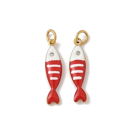 304 Stainless Steel Enamel Pendants, Sardine Fish Charm, with Jump Ring, Ion Plating(IP), Real 18K Gold Plated