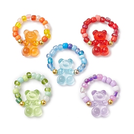 Glass Seed Beads Stretch Rings, with Acrylic Bear Beads