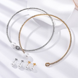 Круглые пластиковые серьги-гвоздики с имитацией жемчуга и прямоугольные ожерелья-чокеры с кубическим цирконием и стразами, 304 комплект украшений из нержавеющей стали для женщин