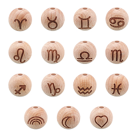 Natural Undyed Beech Beads, Twelve Constellations Pattern, Printed, Round
