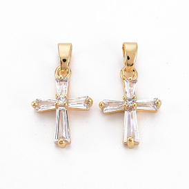 Brass Clear Cubic Zirconia Pendants, with Snap On Bails, Nickel Free, Cross