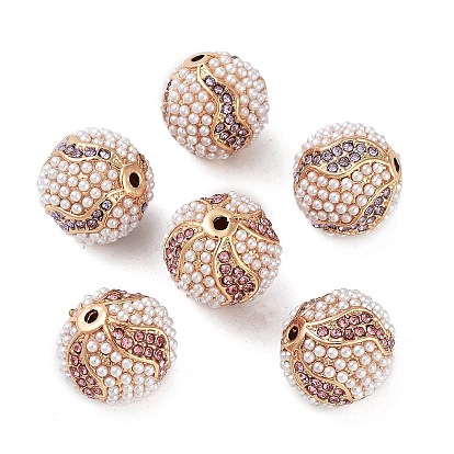 Golden Plated Alloy Rhinestone Beads, with ABS Imitation Pearl, Round