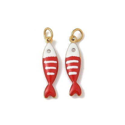 304 Stainless Steel Enamel Pendants, Sardine Fish Charm, with Jump Ring, Ion Plating(IP), Real 18K Gold Plated