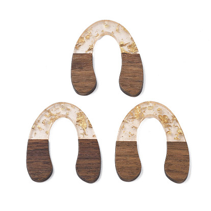 Transparent Resin & Waxed Walnut Wood Pendants, with Foil, Horse Shoe