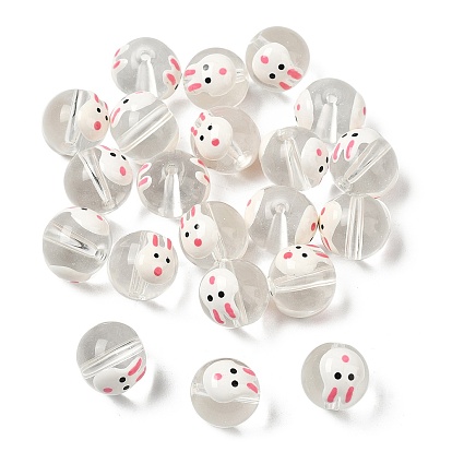 Transparent Glass Enamel Beads, Hand Painted Beads, Round with Rabbit