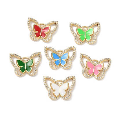 Rack Plating Brass Micro Pave Clear Cubic Zirconia Pendants, with Enamel, Long-Lasting Plated, Lead Free & Cadmium Free, Real 18K Gold Plated, Butterfky