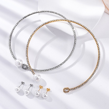 Круглые пластиковые серьги-гвоздики с имитацией жемчуга и прямоугольные ожерелья-чокеры с кубическим цирконием и стразами, 304 комплект украшений из нержавеющей стали для женщин