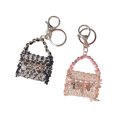 Cloth Flower/Bowknot Hand Bag Keychains, KC Gold Plated Alloy Charm Keychain