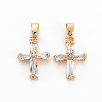 Brass Clear Cubic Zirconia Pendants, with Snap On Bails, Nickel Free, Cross