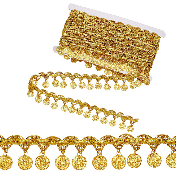 Polyester Braided Metallic Lace Trim with Metal Flat Round Tassel, for Curtain, Clothes Decoration