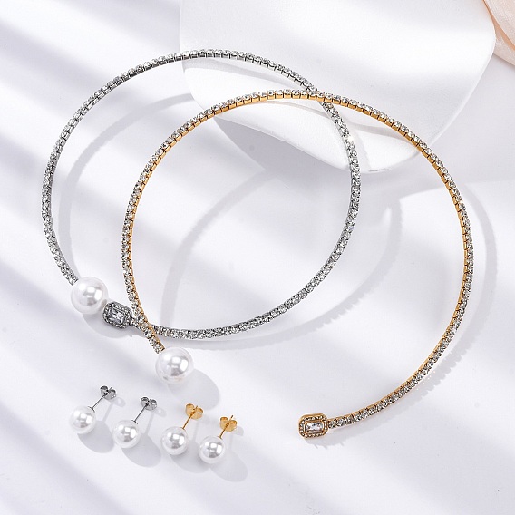 Круглые пластиковые серьги-гвоздики с имитацией жемчуга и прямоугольные ожерелья-чокеры с кубическим цирконием и стразами, 304 комплект украшений из нержавеющей стали для женщин