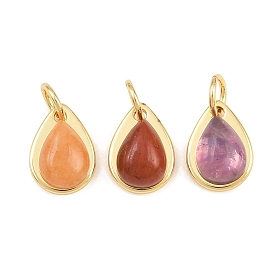 Natural Gemstone Pendants, Brass Teardrop Bezeled Charms, Real 18K Gold Plated, Long-Lasting Plated, Cadmium Free & Lead Free, Rack Plating