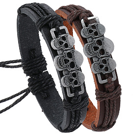 PU Leather Cord Adjustable Bracelets, Alloy Skull Link Bracelets for Men