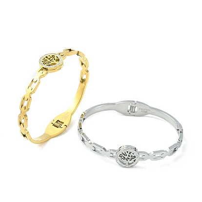 304 Stainless Steel Hinged Bangles, with Rhinestone, Flat Round with Tree of Life Bangle for Women