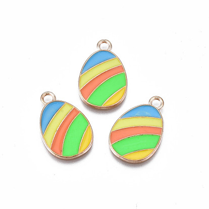 Alloy Enamel Pendants, Light Gold, Cadmium Free & Lead Free, Easter Egg Shape with Stripe